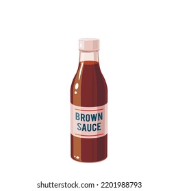 Brown Sauce Bottle, Traditional English Condiment. Vector Illustration Cartoon Icon Isolated On White Background.