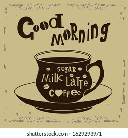 brown saucer and cup on which there is text sugar, milk, latte, coffee, vector illustration in vintage style on aged background