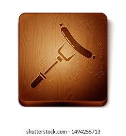Brown Sausage on the fork icon isolated on white background. Grilled sausage and aroma sign. Wooden square button. Vector Illustration