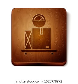 Brown Scale with cardboard box icon isolated on white background. Logistic and delivery. Weight of delivery package on a scale. Wooden square button. Vector Illustration