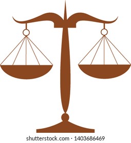 A brown scale, a weighing instrument with two plates or bowls, suspended at equal distances from a fulcrum to measure the mass of an object, vector, color drawing or illustration.