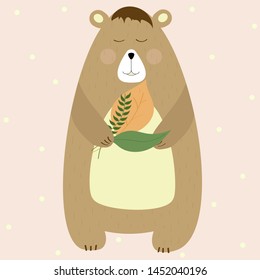 Brown scandinavian vector bear with leaves