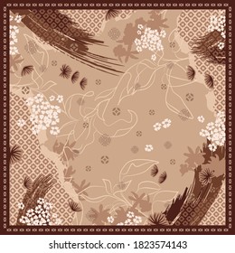 Brown scarf pattern with flower ornament. Hijab design