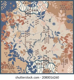 Brown scarf pattern with flowery ornament design. Silk scarves motif