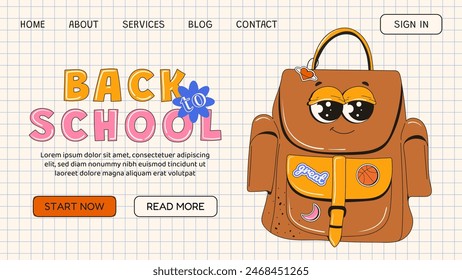 Brown school backpack on a background with text. Back to school. Web page design for school, learning, college, education. Vector illustration for banner, website, poster