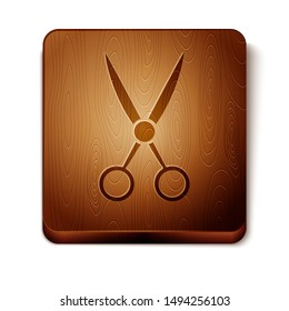 Brown Scissors hairdresser icon isolated on white background. Hairdresser, fashion salon and barber sign. Barbershop symbol. Wooden square button. Vector Illustration