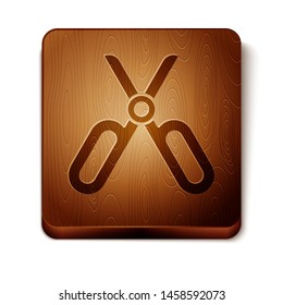 Brown Scissors icon isolated on white background. Tailor symbol. Cutting tool sign. Wooden square button. Vector Illustration