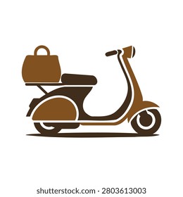 Brown scooter with a bag on back rack isolated on white background