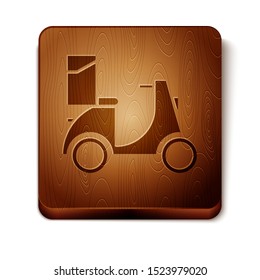 Brown Scooter delivery icon isolated on white background. Delivery service concept. Wooden square button. Vector Illustration