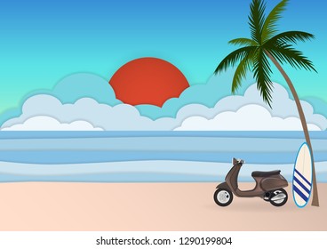 Brown Scooter parked on beach with surfboard under coconut tree in sunrise background vector illustration