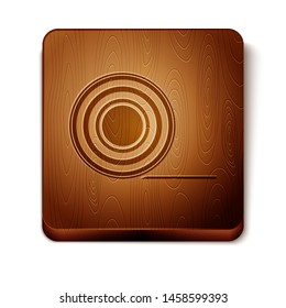 Brown Scotch icon isolated on white background. Roll of adhesive tape for work and repair. Sticky packing tape. Office tool and stuff. Wooden square button. Vector Illustration