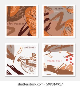 Brown scribbles and sketched trees.Hand drawn creative invitation greeting cards. Poster, placard, design templates. Anniversary, Birthday, wedding, party cards set of 4. Isolated on layer.