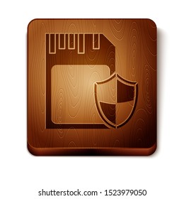 Brown SD card and shield icon isolated on white background. Memory card. Adapter icon. Security, safety, protection, privacy concept. Wooden square button. Vector Illustration