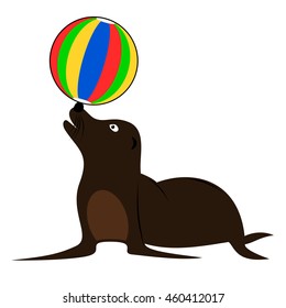 Brown sea lion playing with beach ball. Isolated cartoon childish vector illustration.
