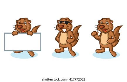 Brown Sea Otter Mascot happy, pose and bring boards