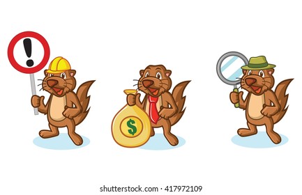 Brown Sea Otter Mascot with money, sign and magnifying