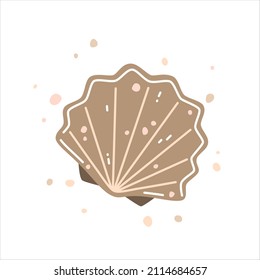 Brown sea shell, scallop. Vector flat illustration