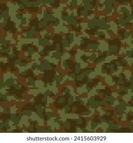 Brown Seamless Abstract Geometric Camouflage Pattern. Repeated Beige Colorful Graphic Camo Art.  Dark Seamless Modern Digital Combat Backdrop. Green Pixel Military Background. 