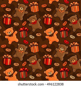 Brown seamless background. Chocolate brown bears, present boxes, orange, red, cream bows, mail with heart. Sweet birthday or valentines day vector pattern texture.
