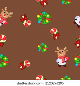 Brown seamless background with Christmas socks, cute gloves and other little things. Vector pattern with Christmas cozy socks and toys. Christmas pattern for fabric, paper.