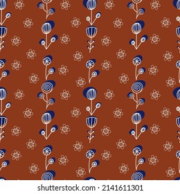 Brown seamless background with doodle flowers, vector grafic.