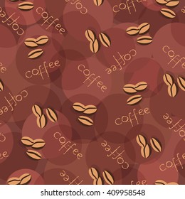 Brown seamless background with scattering of coffee beans and hand drawn lettering world. 
