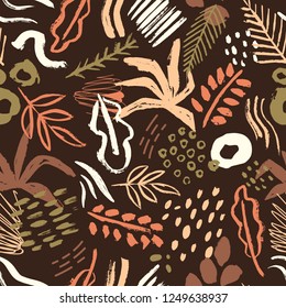 Brown seamless pattern with abstract colorful paint stains, smudges, scribble on dark background. Abstract artistic backdrop. Trendy vector print in contemporary art style for wrapping paper.