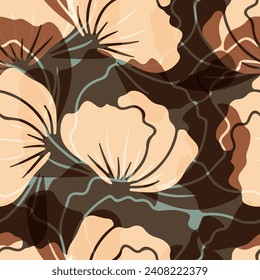 Braunes, nahtloses Muster mit abstrakten Mohnblumen. Vintage Blumenpapier