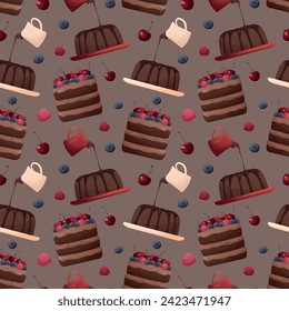 Brown seamless pattern with chocolate cakes, cherry, raspberry, strawberry. Baking, bakery shop, cooking, sweet products, dessert, pastry concept. Perfect for product design, scrapbooking, textile