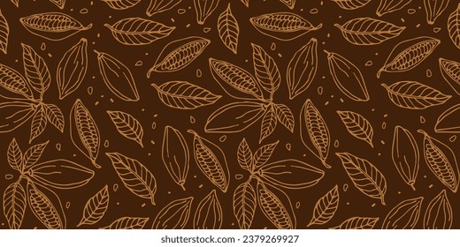 Brown Seamless pattern with Cocoa beans. Hand drawn Doodle sketch. Repeated background for textile, paper, wallpaper. Fruit, leaf and bean seamless pattern. Chocolate cocoa beans background