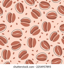 Brown seamless pattern with coffee beans. Coffee beans hand drawn with spot and line on a beige background. Vector illustration.