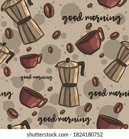 Brown seamless pattern with coffee. Repetitive beverage background with different objects.