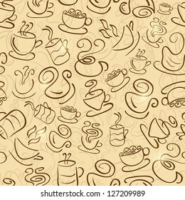 Brown Seamless Pattern with Coffee and Tea Cups. Vector Background Illustration.