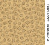 Brown Seamless Pattern of D4, D6, D8, D10, D12, and D20 Dice for Board Games