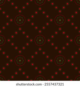 Brown seamless pattern with floral round elements. Red, green circular motifs on dark chocolate background. Cozy ethnic design. Traditional bright ornament in country style for winter holiday decor.