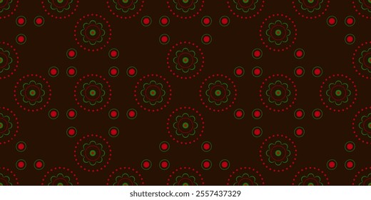 Brown seamless pattern with floral round elements. Red, green circular motifs on dark brown background. Geometric delicate mandala. Traditional bright ornament in country style for holiday decor.