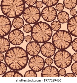 Brown seamless pattern with fuel woods and chopped logs. Forest conceptual art. Repeat background with stacked trees and forestry elements.