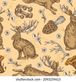 Vintа braunes, nahtloses Muster. Jackalope mit Kleeblumen und Pilzen. Farbe. Gravur-Stil. Vektorgrafik.