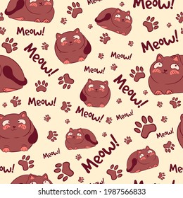 Brown seamless pattern with kawaii cats, meows and paws. Repetitive background with fat kitties and feline elements. Animal texture for scrapbooks and postcards with small kittens.