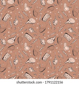 Brown seamless pattern with meat and vegetables menu. 