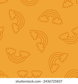 Brown seamless pattern with outline rainbows and clouds
