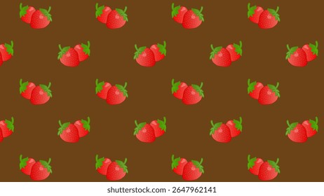 Brown seamless pattern with red strawberry. Background red cherries and green leaves. Vector design sweet berries as wallpaper