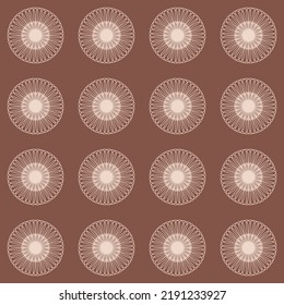Brown seamless pattern with round wheel ornament for clothing design and decoration, vector illustration