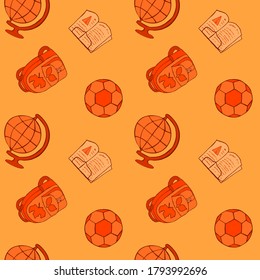 Patrón marrón sin fisuras con elemento temático escolar. Mochila Doodle, fútbol, cuaderno y globo.  Para diseño web, portadas, postales y publicaciones sociales.