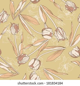  Brown seamless pattern with tulips. Vector Illustration