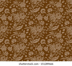 Brown seamless pattern with a vintage flower bouquets carnations and chrysanthemums