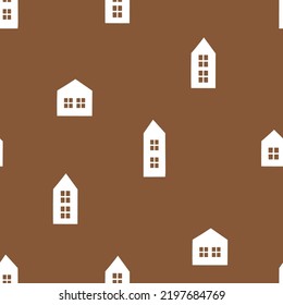 Brown seamless pattern with white doodle houses
