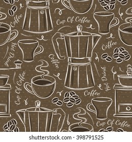Brown seamless patterns with coffee set. Ideal for printing onto fabric and paper or scrap booking.