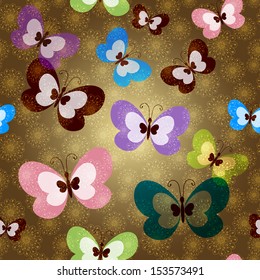 Brown seamless spring pattern with transparent colorful butterflies and lacy gold flowers (vector EPS 10)