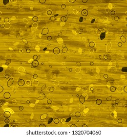 Brown seamless texture with circles, lines, rings, and stylized leaves.. 
